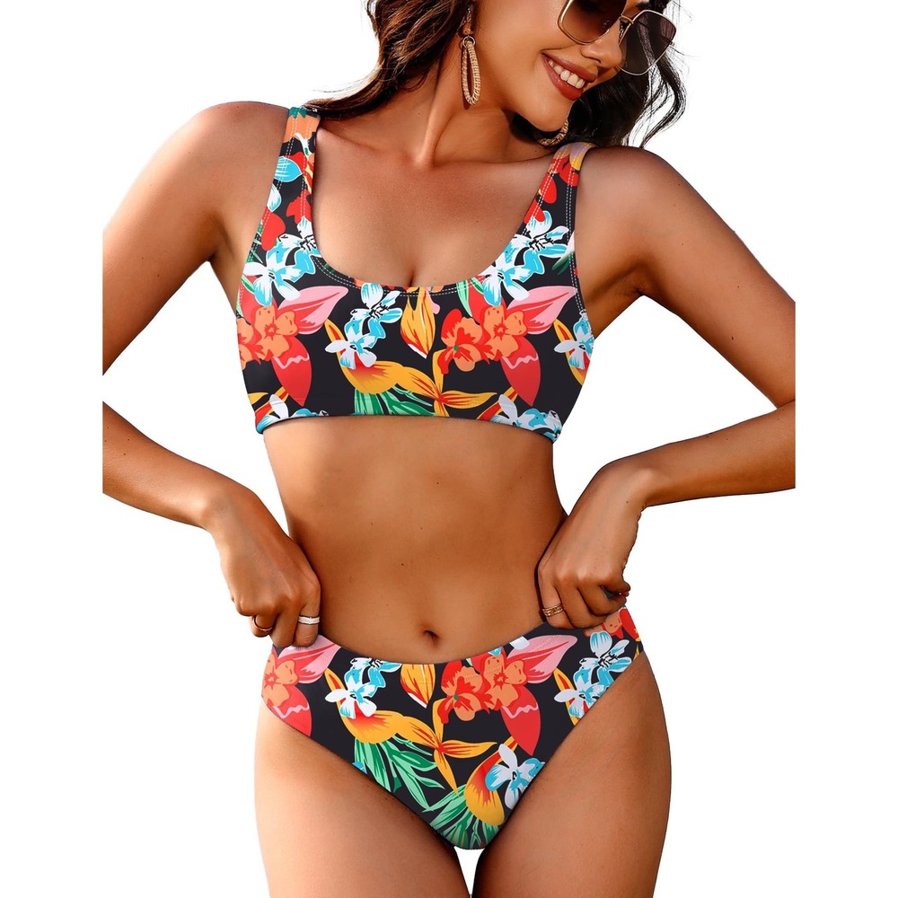 NWT AI'MAGE Ribbed Bikini Set Scoop Neck‎ High Rise Floral Swimsuit Large